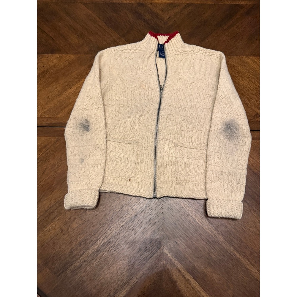 Ralph Ralph Lauren Cream Wool Silk Full Zip Cardigan Sweater Red Trim Womens L